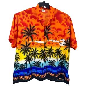 Happy Bay Hawaiian Shirt Mens 3XL Orange Sunset Palm Tree Tropical Aloha Button